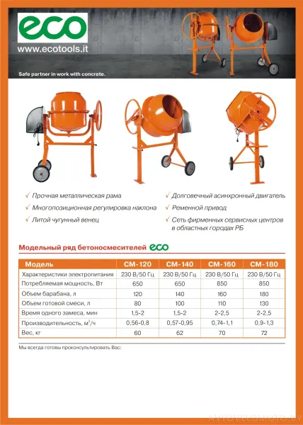 Бетоносмеситель ECO CM-150 (150 л, 750 Вт, 230 В, вес 49 кг) — фото 4